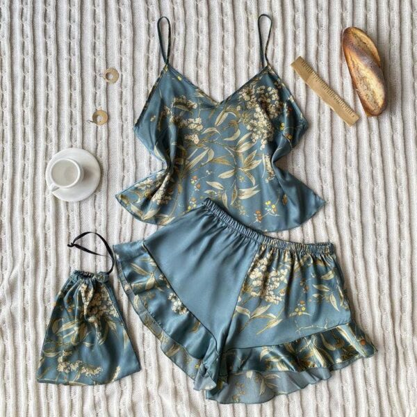 FTSSPA0113 Women Fashion Printed Silk Pajamas Two-Piece Set